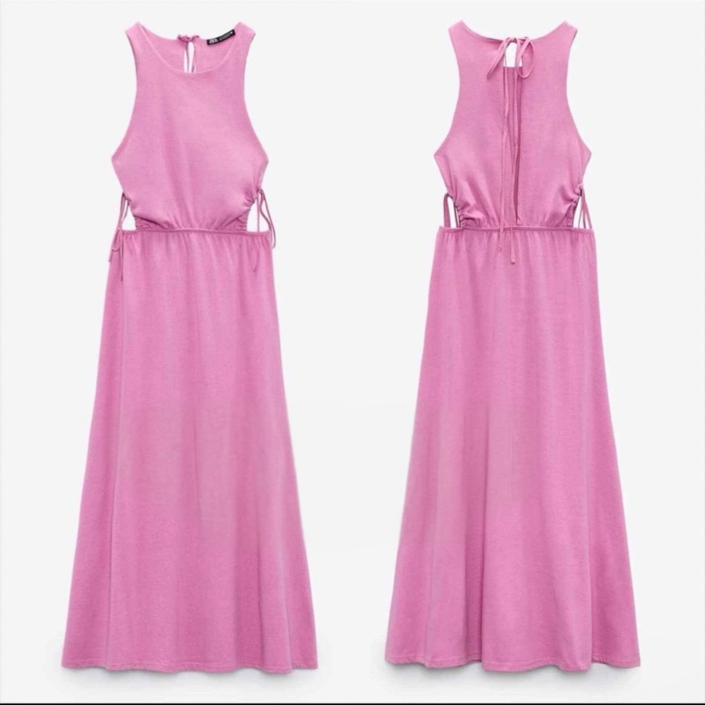 Zara Pink Cotton Cutout Waist Midi Dress Size Small - Picture 2 of 6